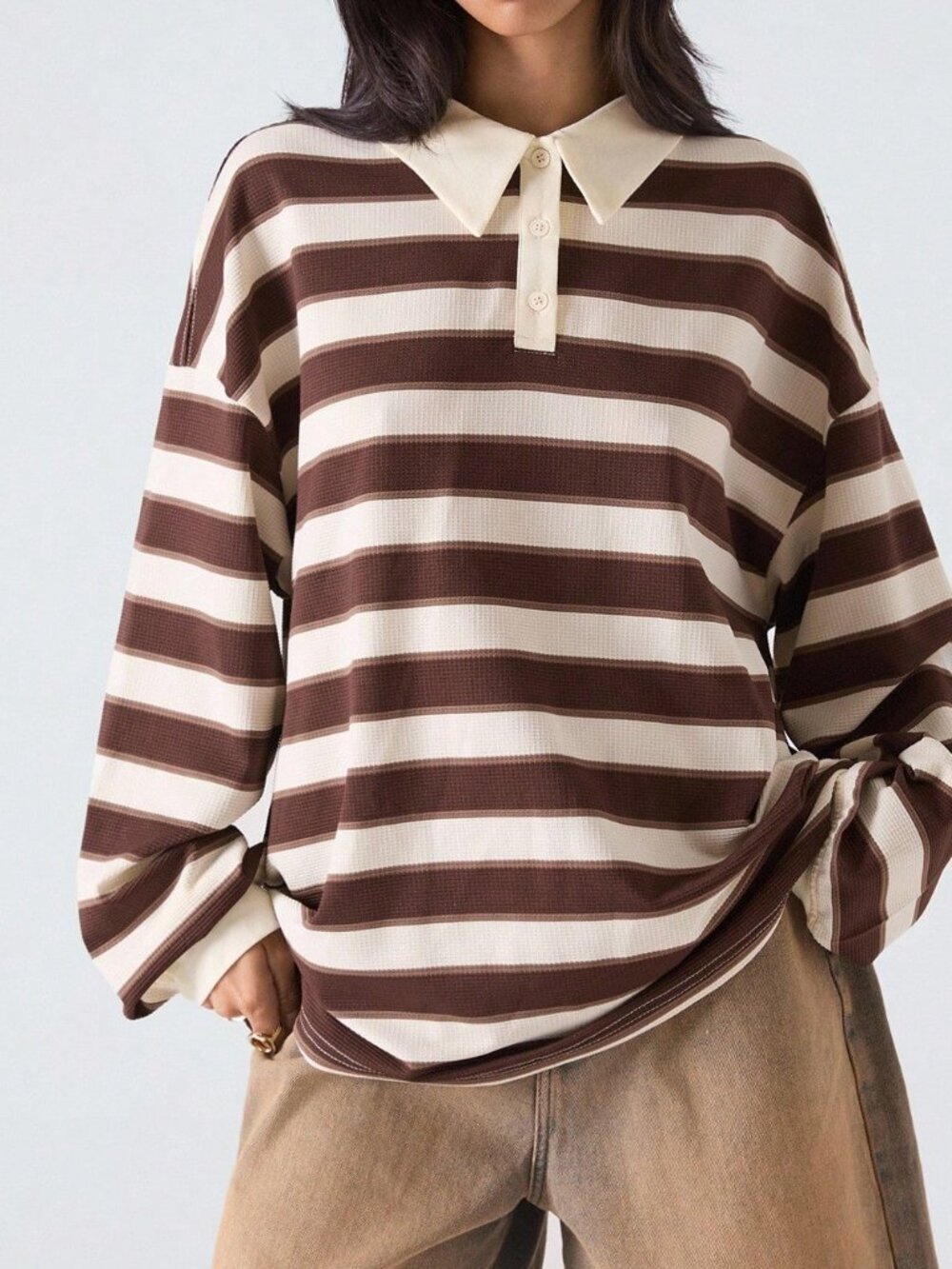 Multicolor Casual Women's Stripe Polo Neck Long Sleeve T-Shirt